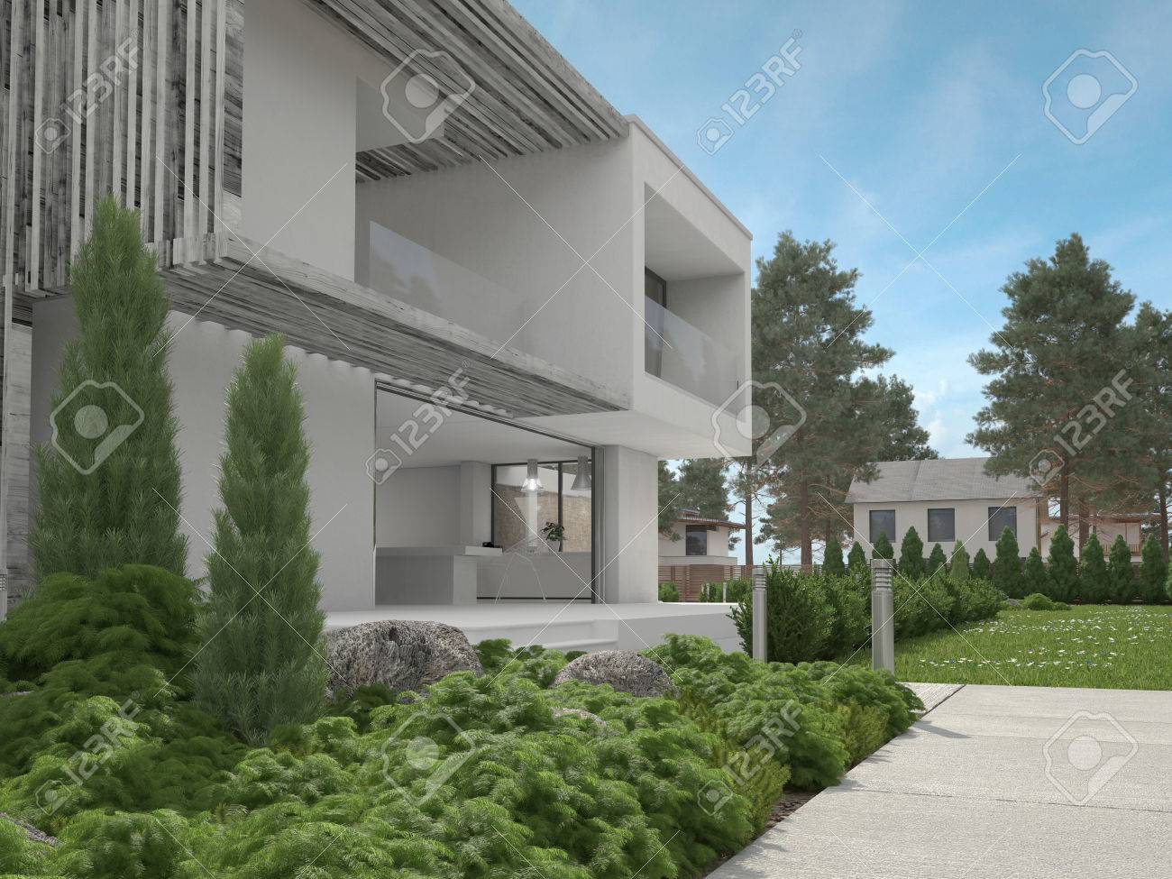 Aussenansicht Eines Modernen Zweistockigen Haus Mit Grossen Fenstern