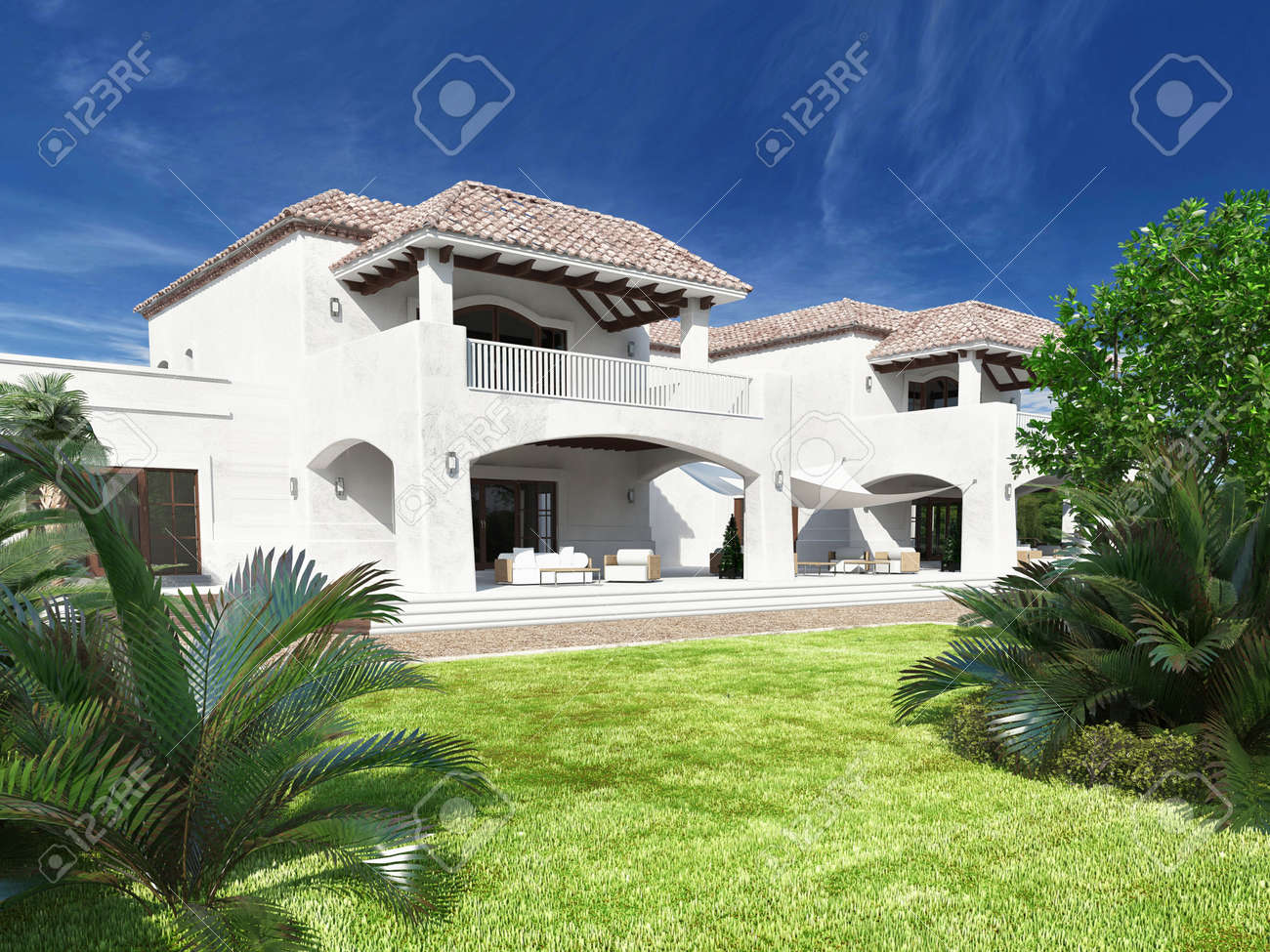 mediterraner stil garten, außenansicht des luxuriösen weißen villa im mediterranen stil mit, Design ideen