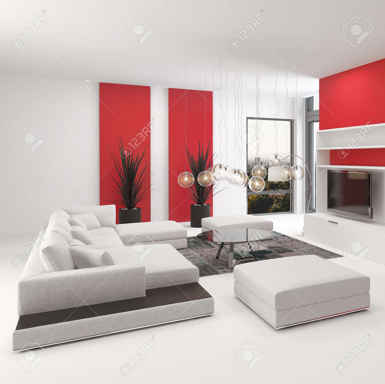 distinguido interior living moderno con toques rojos vivos y decoracin en blanco con un saln suite - Living Moderno distinguido interior living moderno con toques rojos vivos y decoracin en blanco con un saln suite - Living Moderno