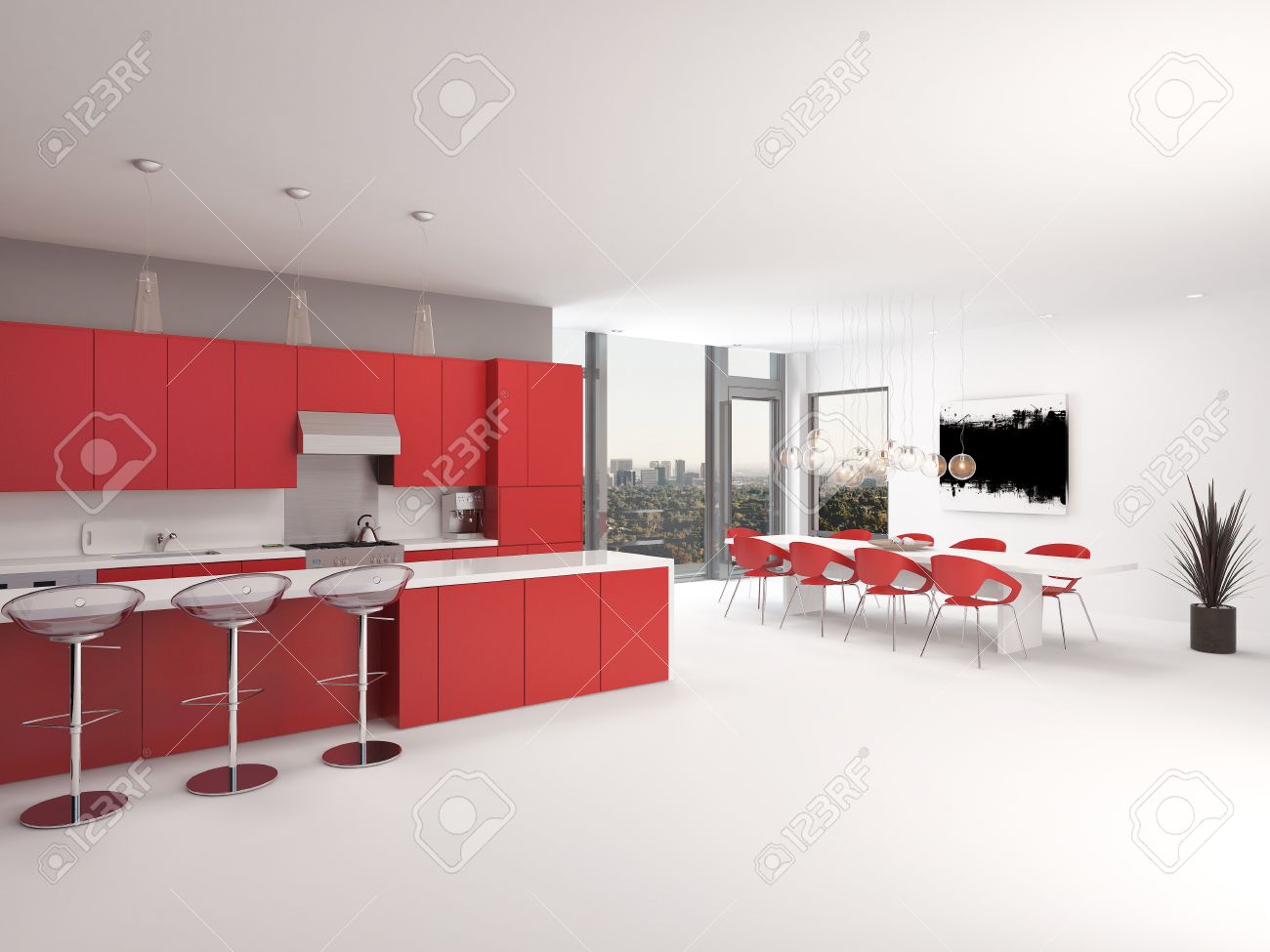 Moderne Offene Rote Kuche Interieur Mit Einer Langen Theke Mit Barhockern Und Kuchenschranke Und Gerate Entlang Der In Rot Und Weiss Dekor Akzent Wand Geraumige Architektonischen Hintergrund Lizenzfreie Fotos Bilder Und Stock