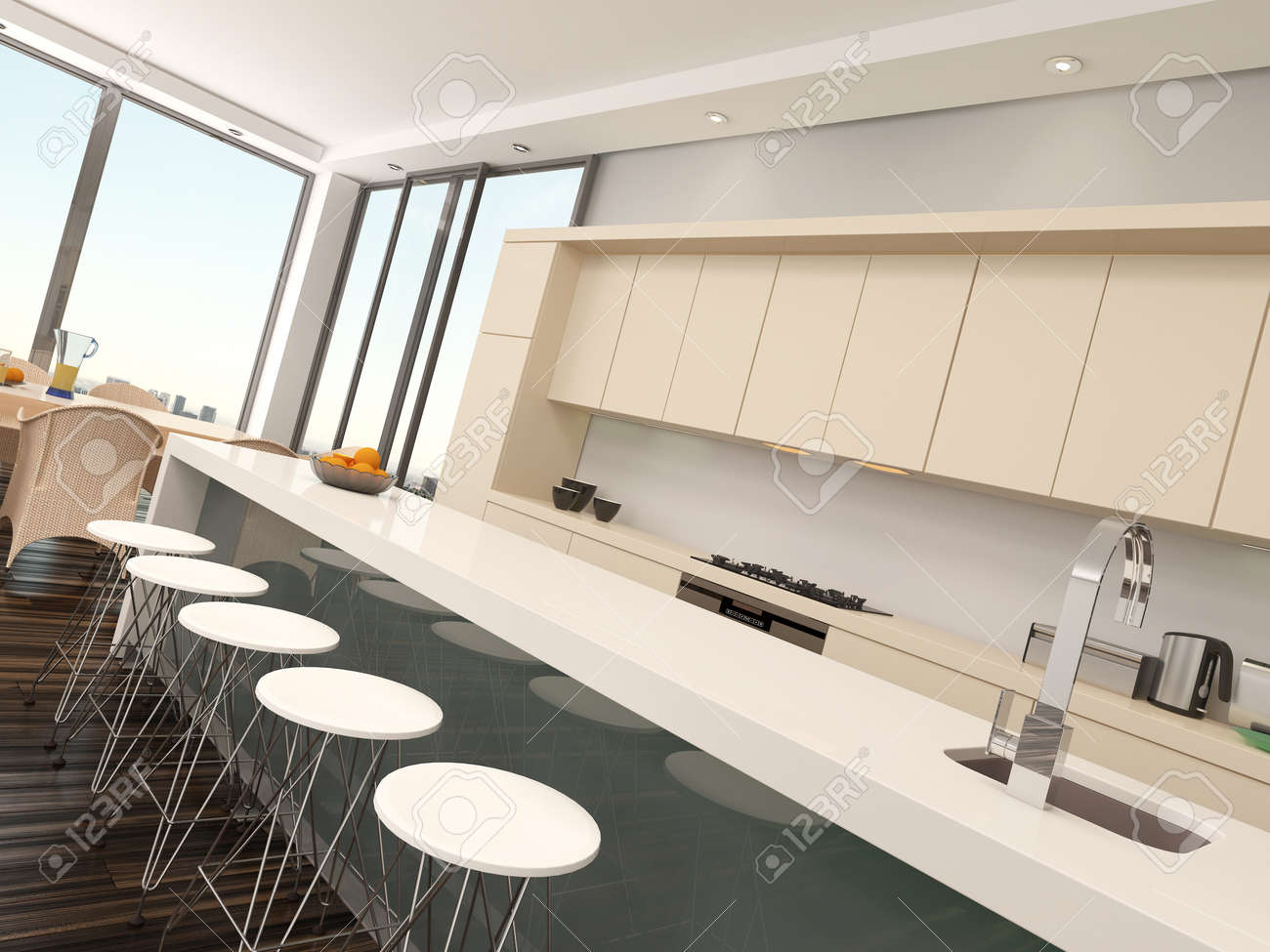 Moderne compacte open kitchenette met crèmekleurige kasten een