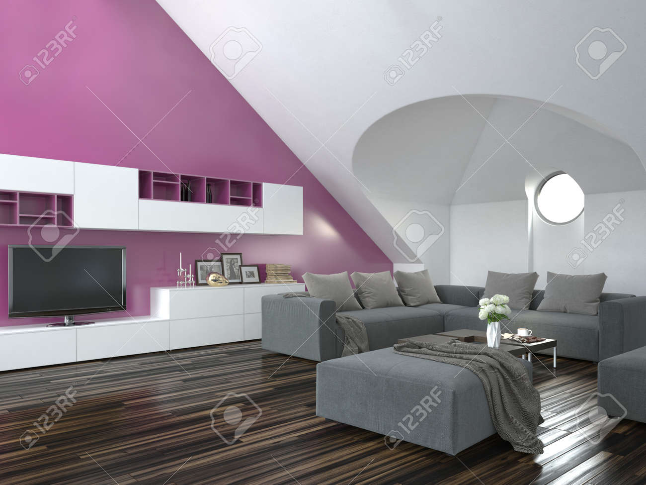 Modern Loft Living Room Interior With A Sloping Ceiling And Purple