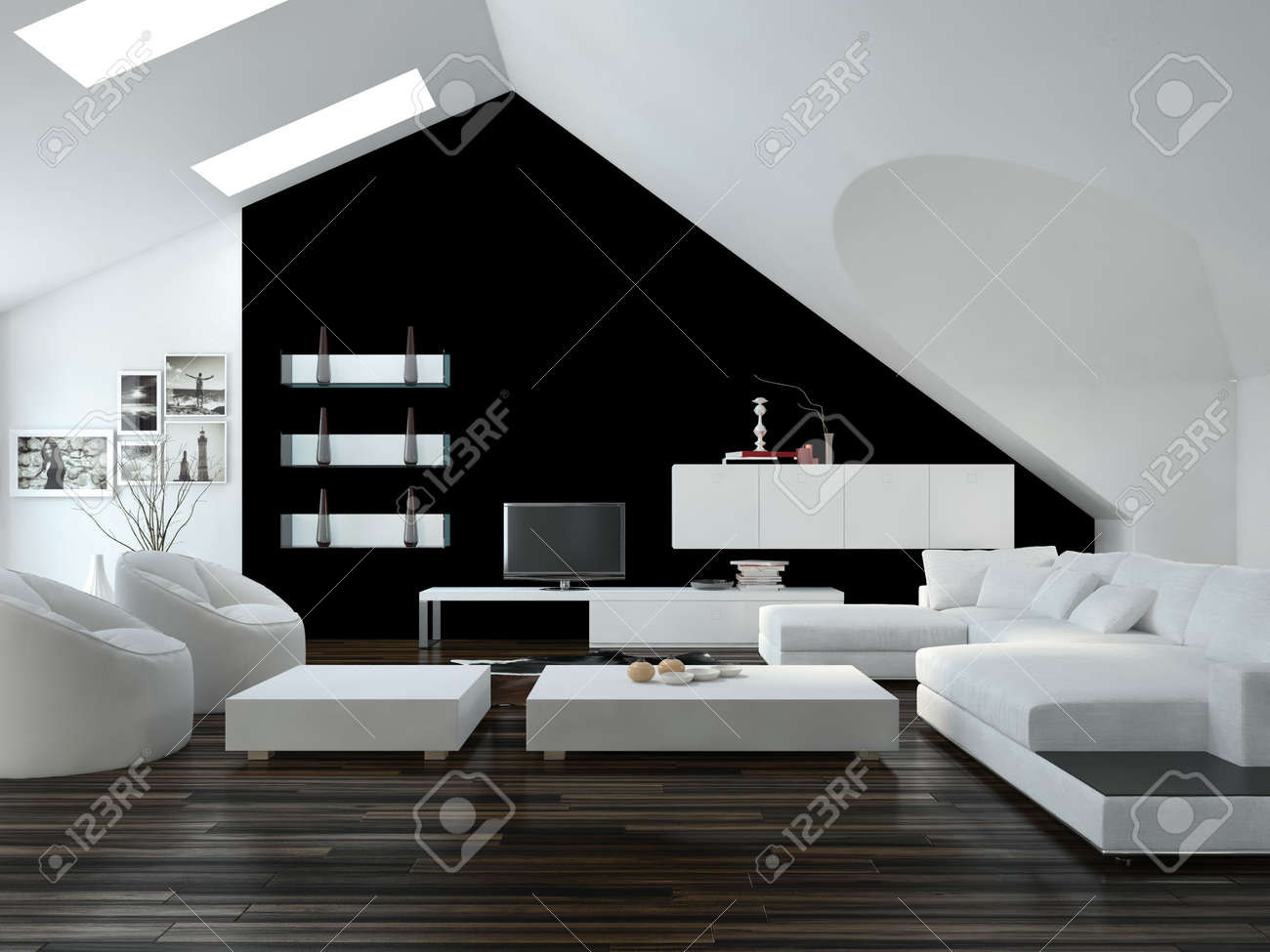 modern design loft living room interior with skylights in themodern design loft living room interior with skylights in the sloping ceiling and white and black