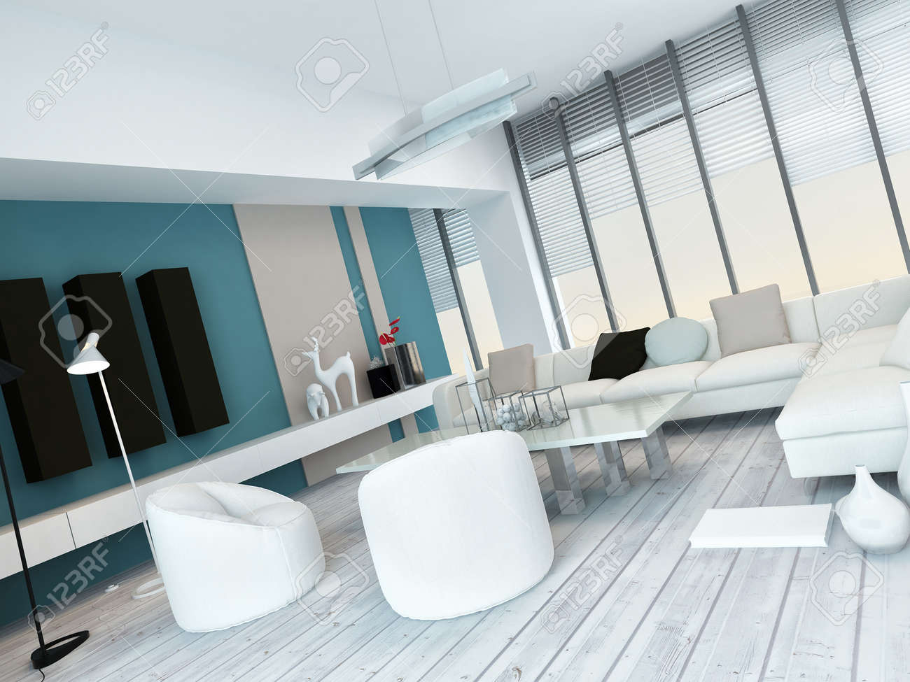 Fresh White And Blue Living Room Interior With White Painted