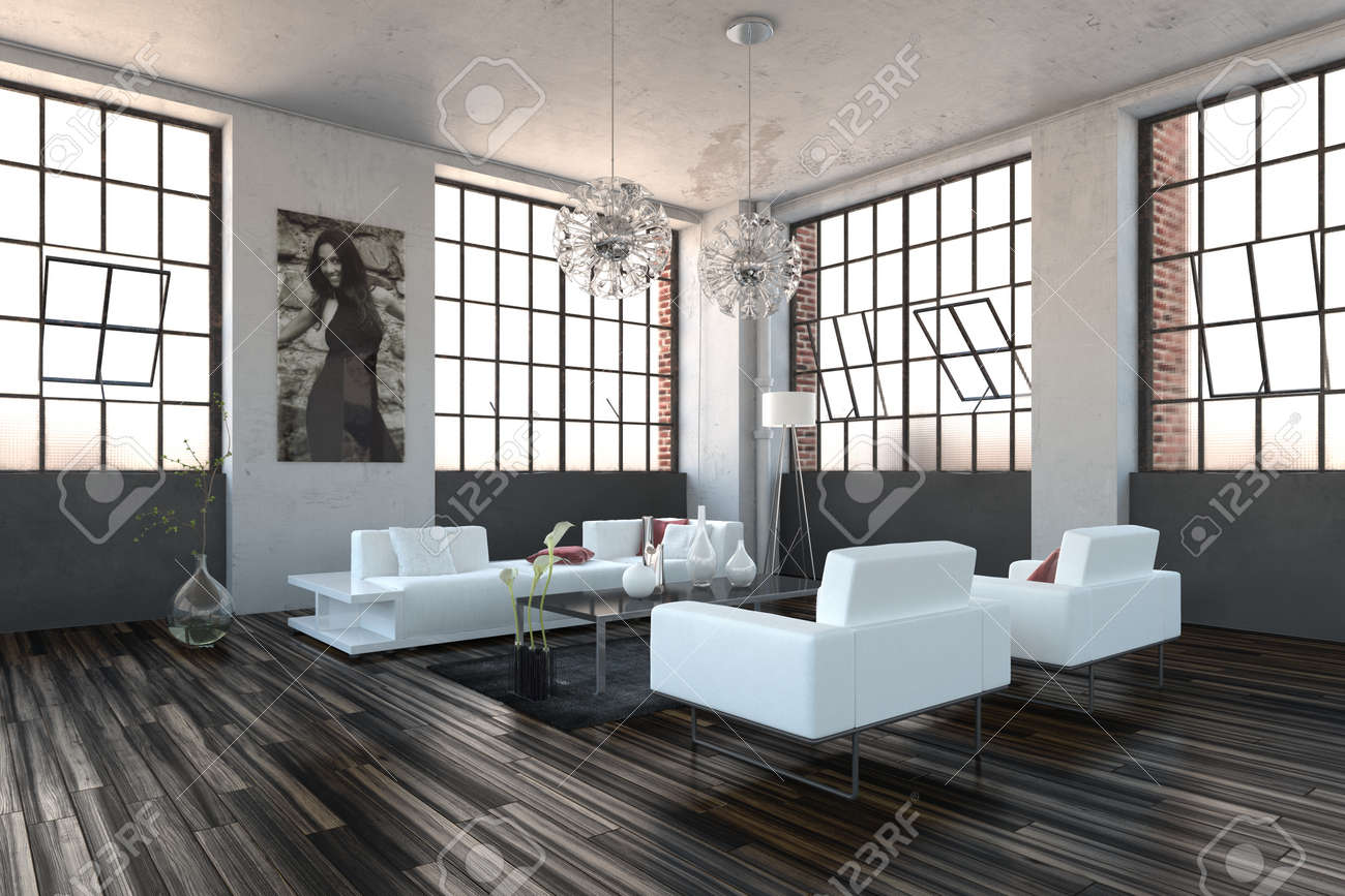 Sehr helle hohe volumen modernen wohnzimmer innenraum mit drehhaus fenster fenster parkettboden und modernen