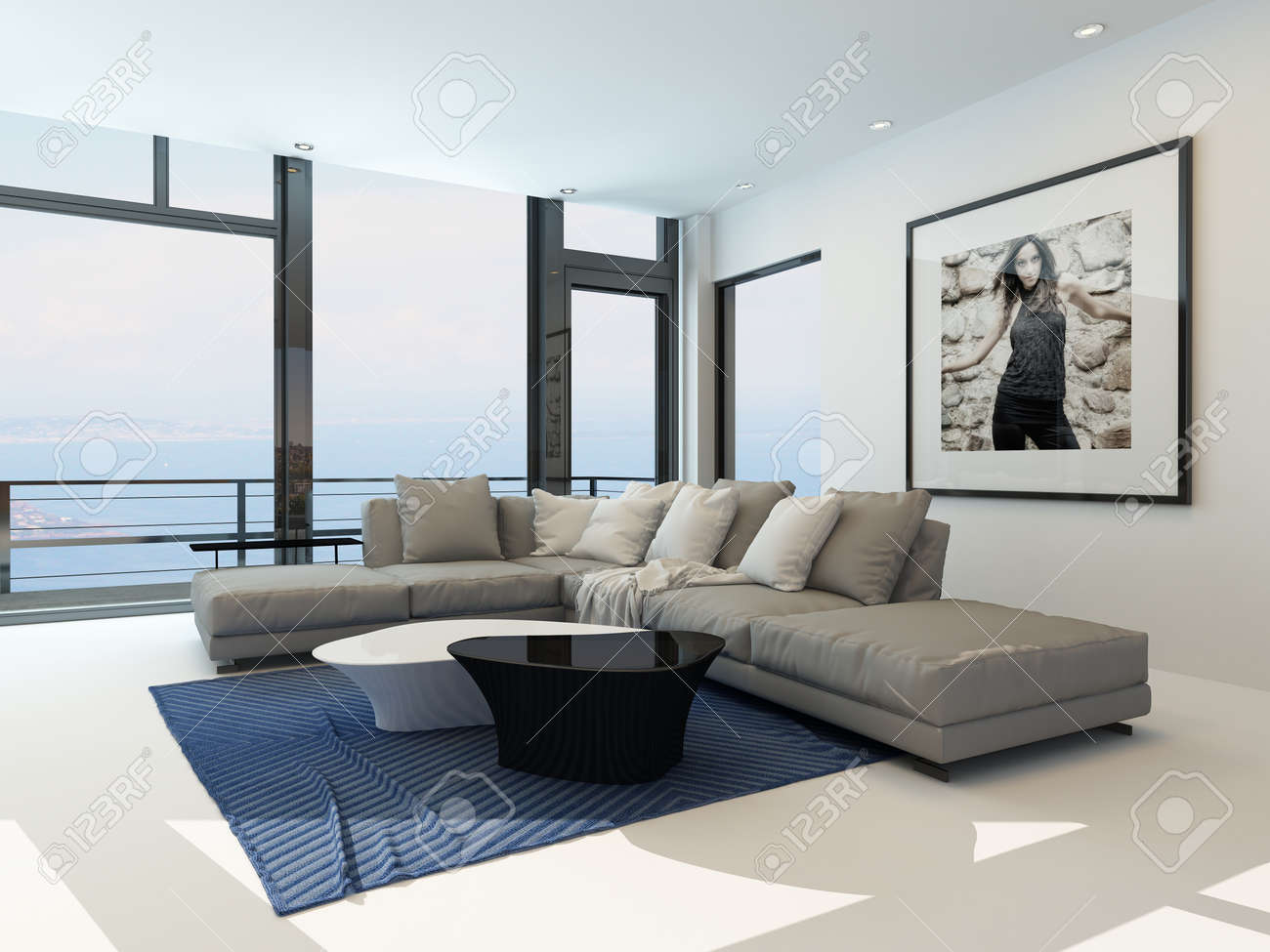 Modernes wohnen am wasser zimmer mit einem hellen luftigen lounge interieur mit einem bequemen polster