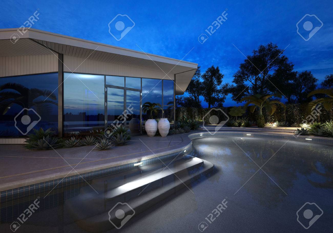 Villa De Luxe Ou Maison Avec De Grandes Baies Vitrées Dans La Nuit