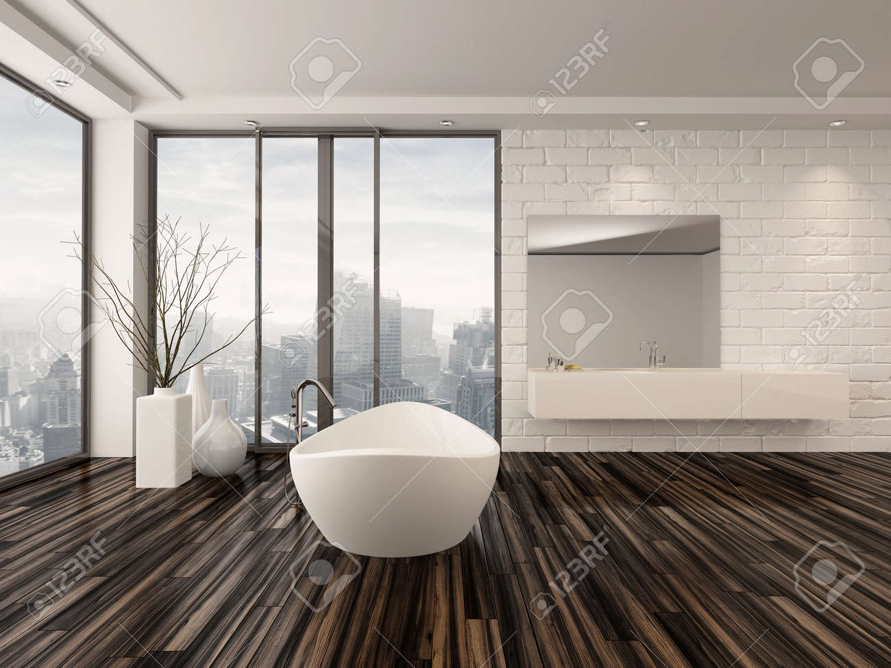 archivio fotografico moderna bianco interior minimalista bagno con una vasca da bagno freestanding e alcova da incasso a parete con linvolucro intorno