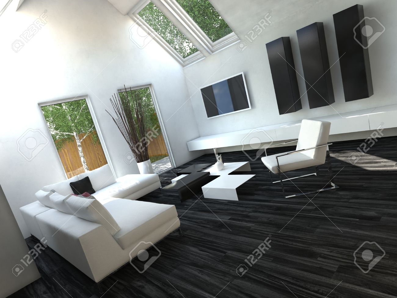 Pure White Sofa In Schones Wohnzimmer Mit Schwarzen Bodenbelag Und Weisse Wande Lizenzfreie Fotos Bilder Und Stock Fotografie Image 31010416