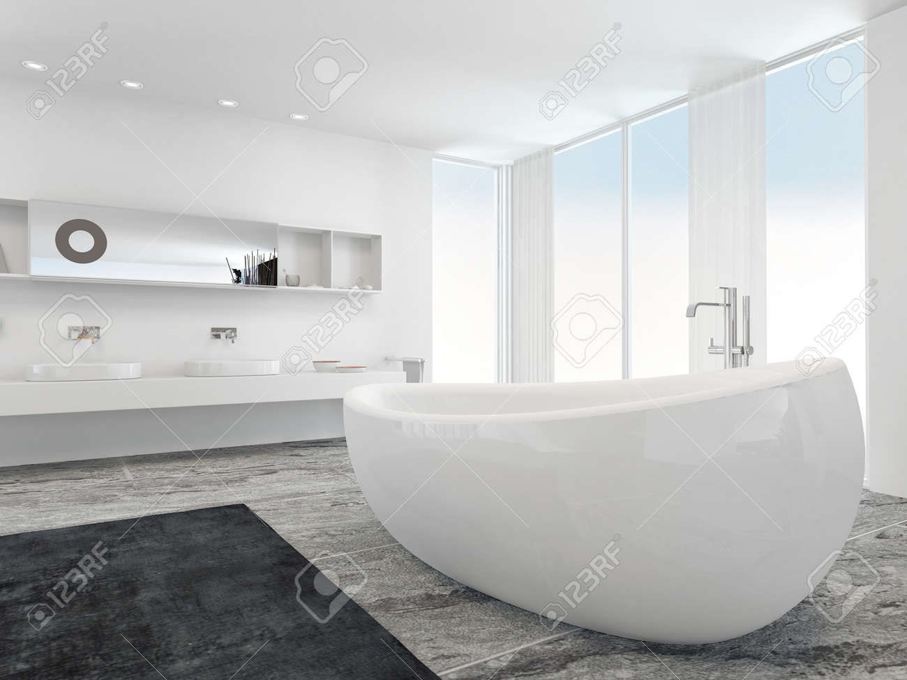archivio fotografico molto spazioso luminoso bagno moderno degli interni con finestre dal pavimento al soffitto di vetro piatto su due lati e una parete a