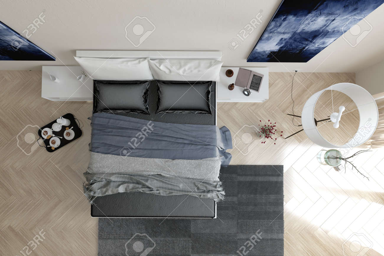 Vue Aérienne De L\'intérieur Moderne De Chambre Gris Et Blanc Avec Un ... Vue Aérienne De L\'intérieur Moderne De Chambre Gris Et Blanc Avec Un ...
