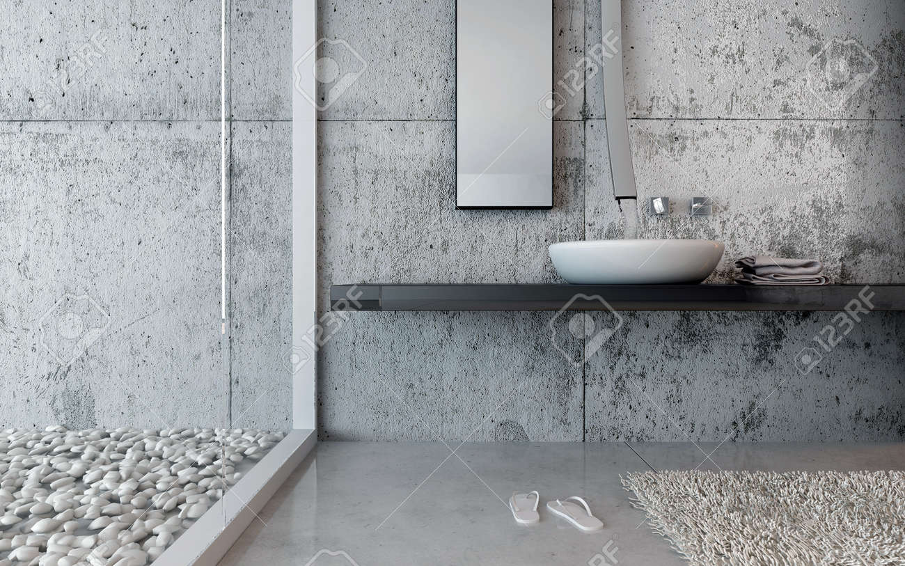 Lavabo in un bagno moderno con un arredamento di ghiaia e di ... Pavimenti per bagni moderni