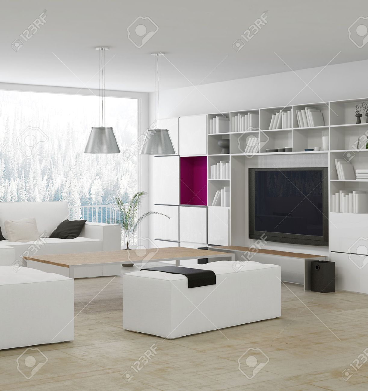 modernes wohnzimmer mit beige couch und weißen schrank