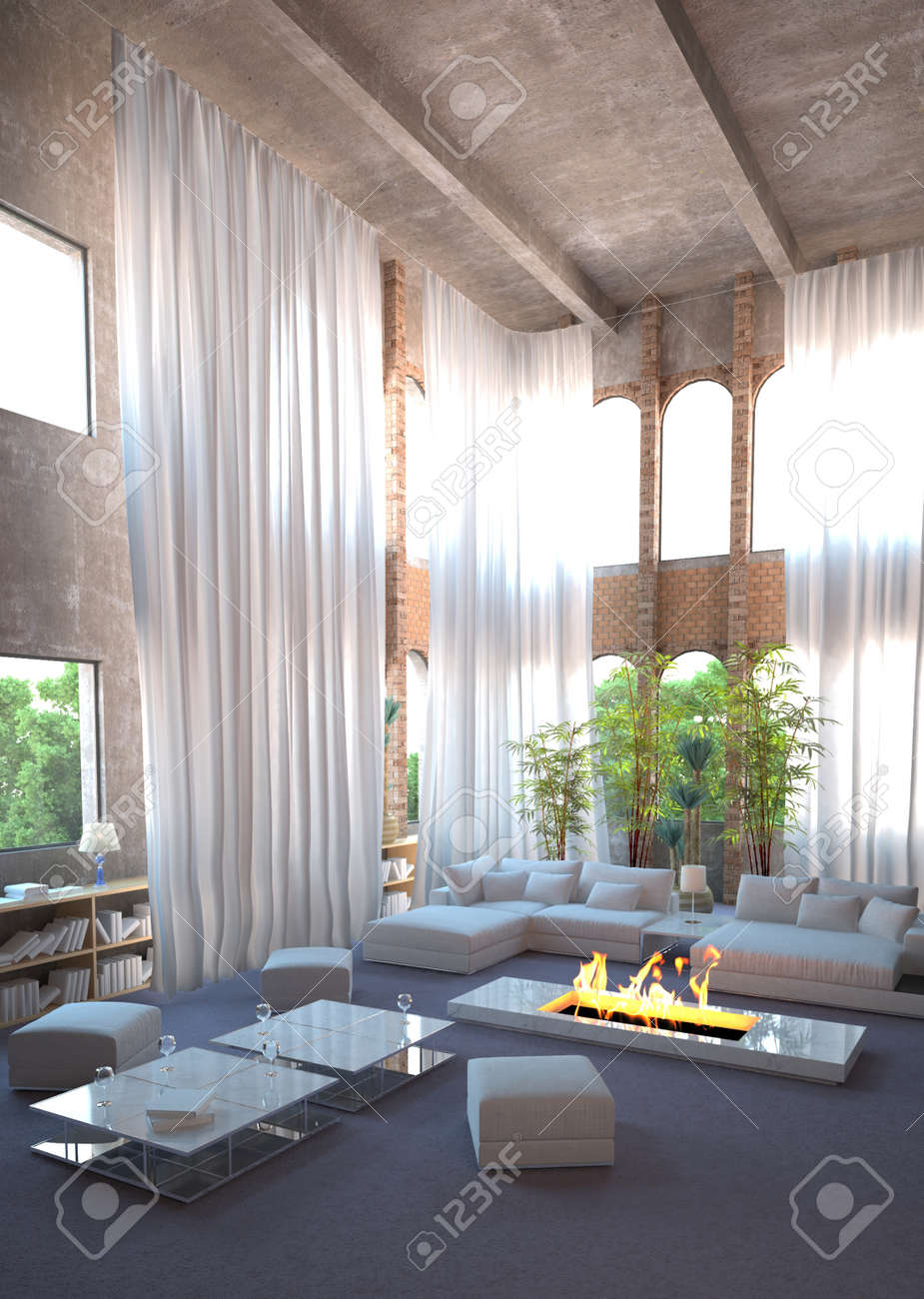 Modernes Design Loft Interieur Und Weiße Vorhänge Lizenzfreie Fotos ... Modernes Design Loft Interieur Und Weiße Vorhänge Lizenzfreie Fotos ...