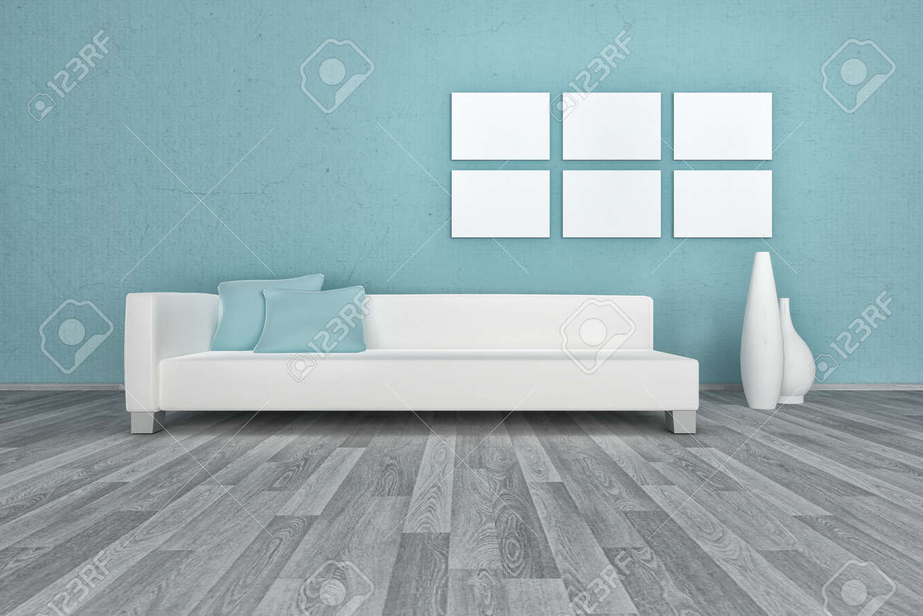 ブルーの壁に白いソファのロフト アパートのインテリアの 3 D レンダリング の写真素材 画像素材 Image