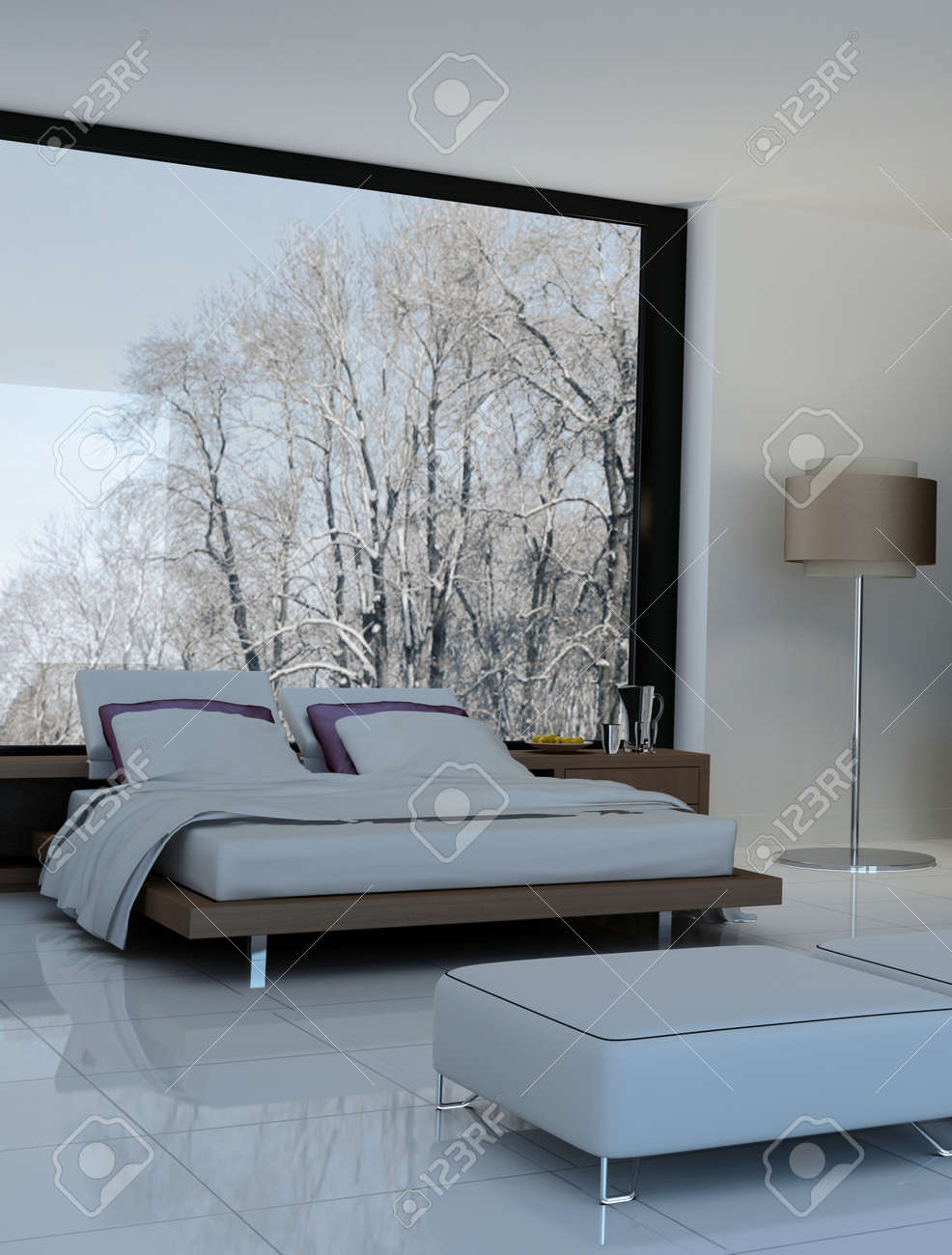 Ultramodern Bedroom Interior With Double Bed Against Panorama Windows Stock  Photo, Picture and Royalty Free Image. Image 32226349., image size:986x1300