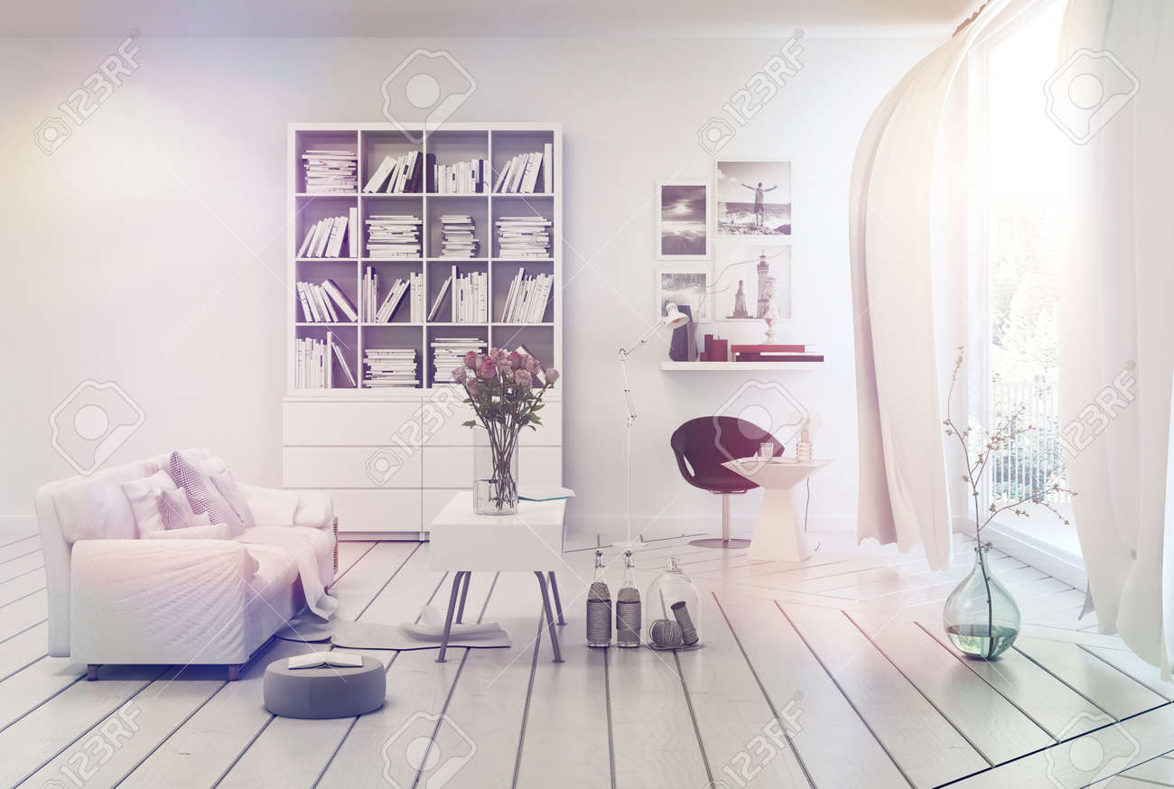 Bright Airy White Living Room Interior With Simple Decor Of A