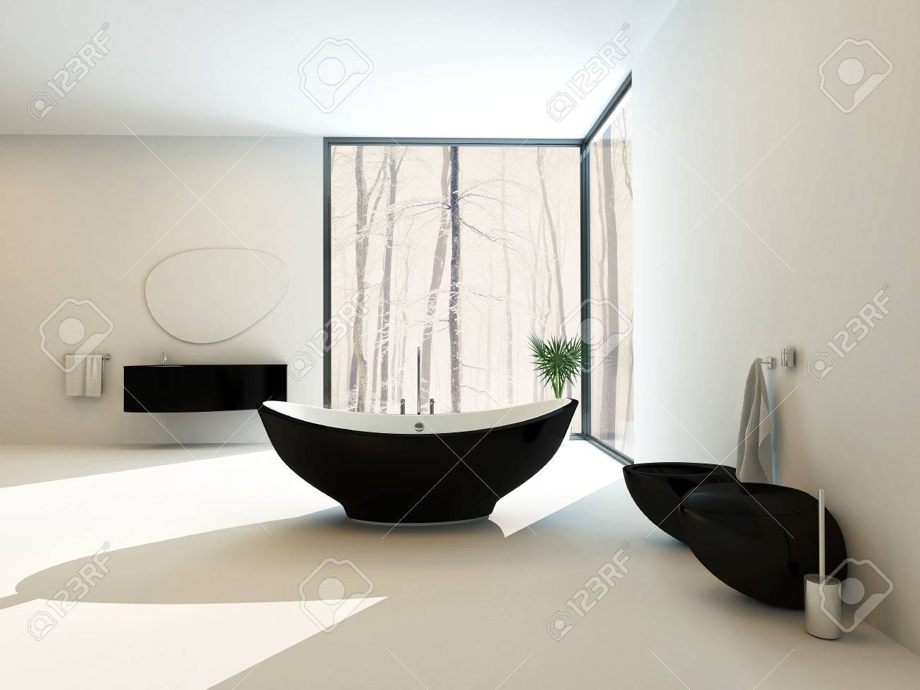 Bagno nero contemporaneo con una vasca da bagno a forma di barca ...