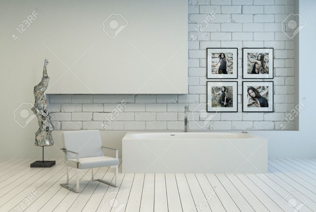 archivio fotografico moderno bagno bianco con un muro di mattoni e incasso bianco parquet verniciato con una poltrona moderna scultura astratta e opere
