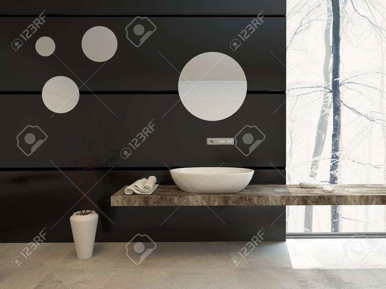 modern bathroom decor on a black wall with a wall-mounted hand modern bathroom decor on a black wall with a wall-mounted hand
