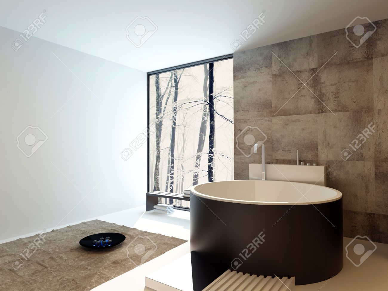 Design contemporain salle de bains de luxe intérieur avec une baignoire autoportante ronde brune contre un mur en travertin beige carrelé avec une ... Design contemporain salle de bains de luxe intérieur avec une baignoire autoportante ronde brune contre un mur en travertin beige carrelé avec une ...