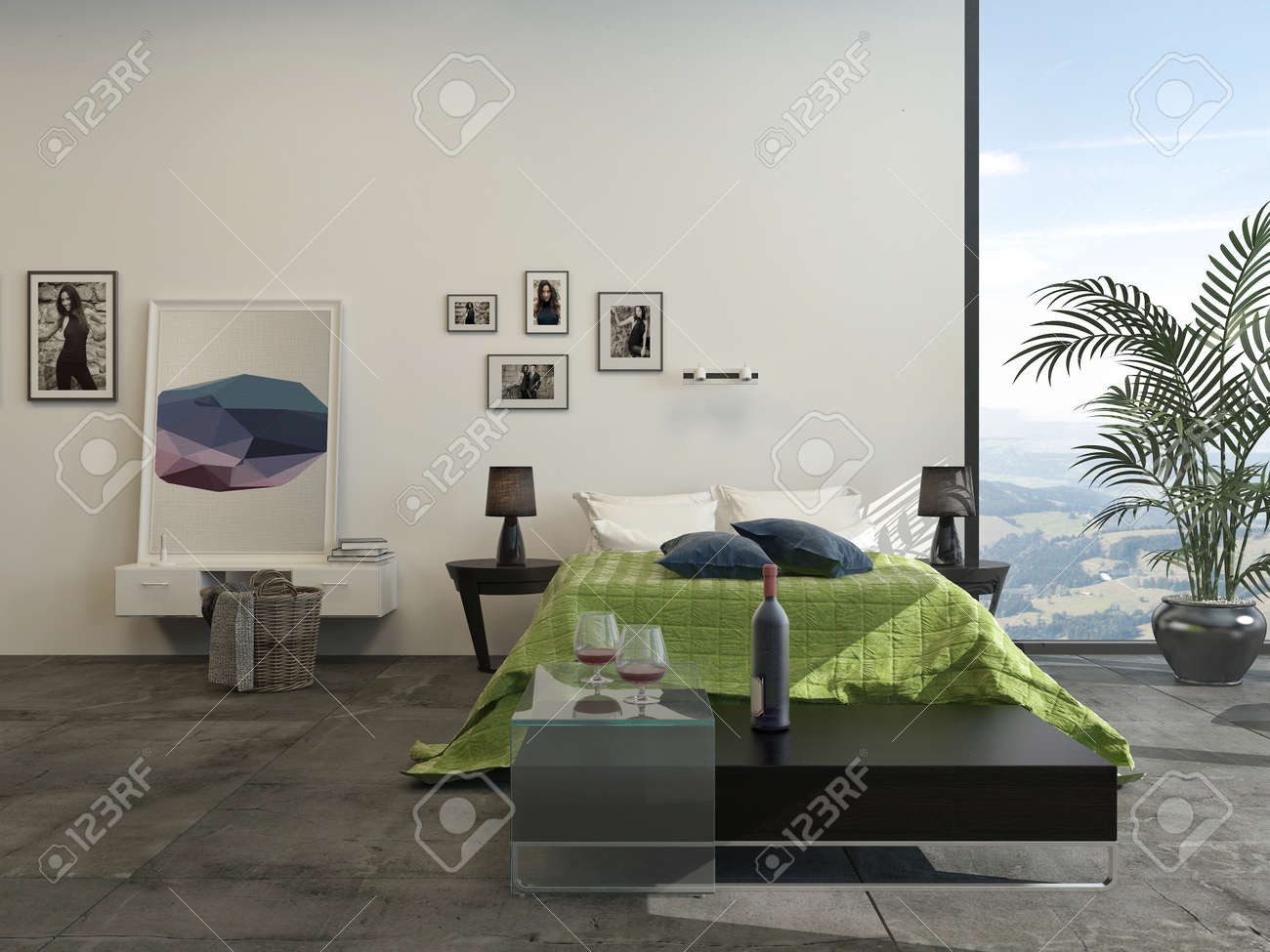 Intérieur De La Chambre Gris Et Blanc Moderne Avec Un Accent Vert ... Intérieur De La Chambre Gris Et Blanc Moderne Avec Un Accent Vert ...
