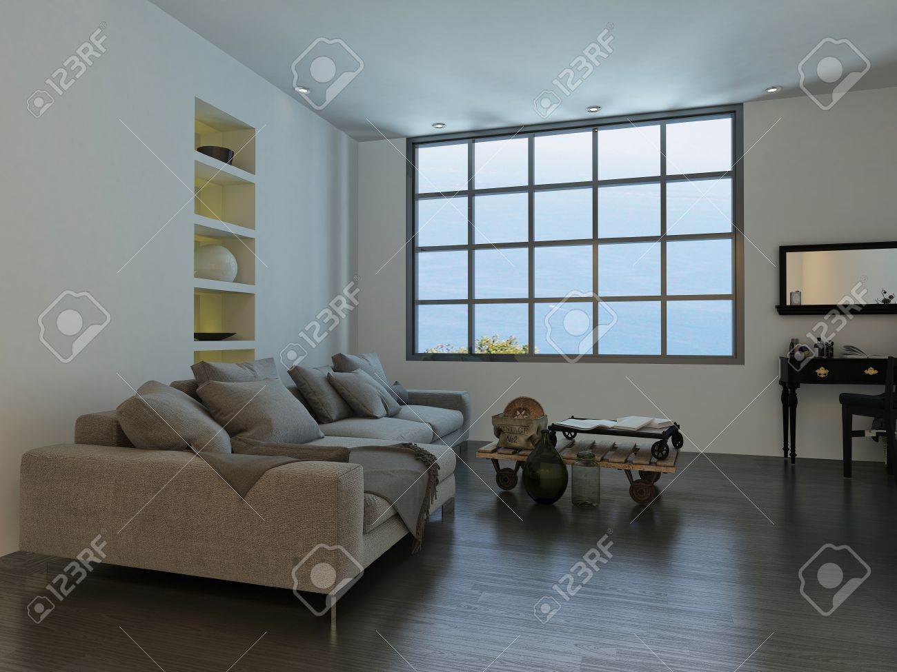 Soggiorno con una finestra grande cottage riquadro stile e un ...