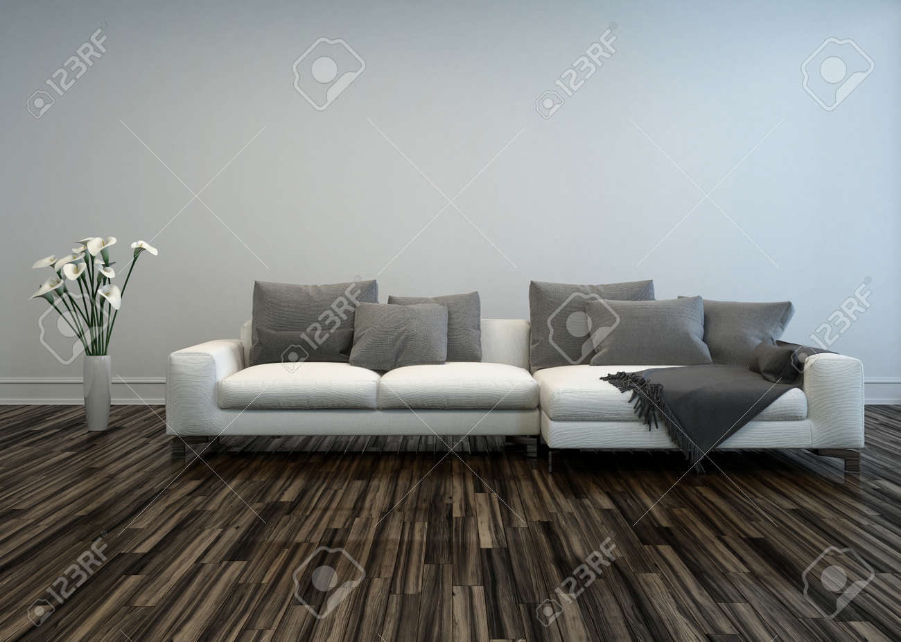 White Sofa With Grey Cushions And Flower Vase Of Lilies In Room.. Stock Photo, Picture And Royalty Free Image. Image 36672618.