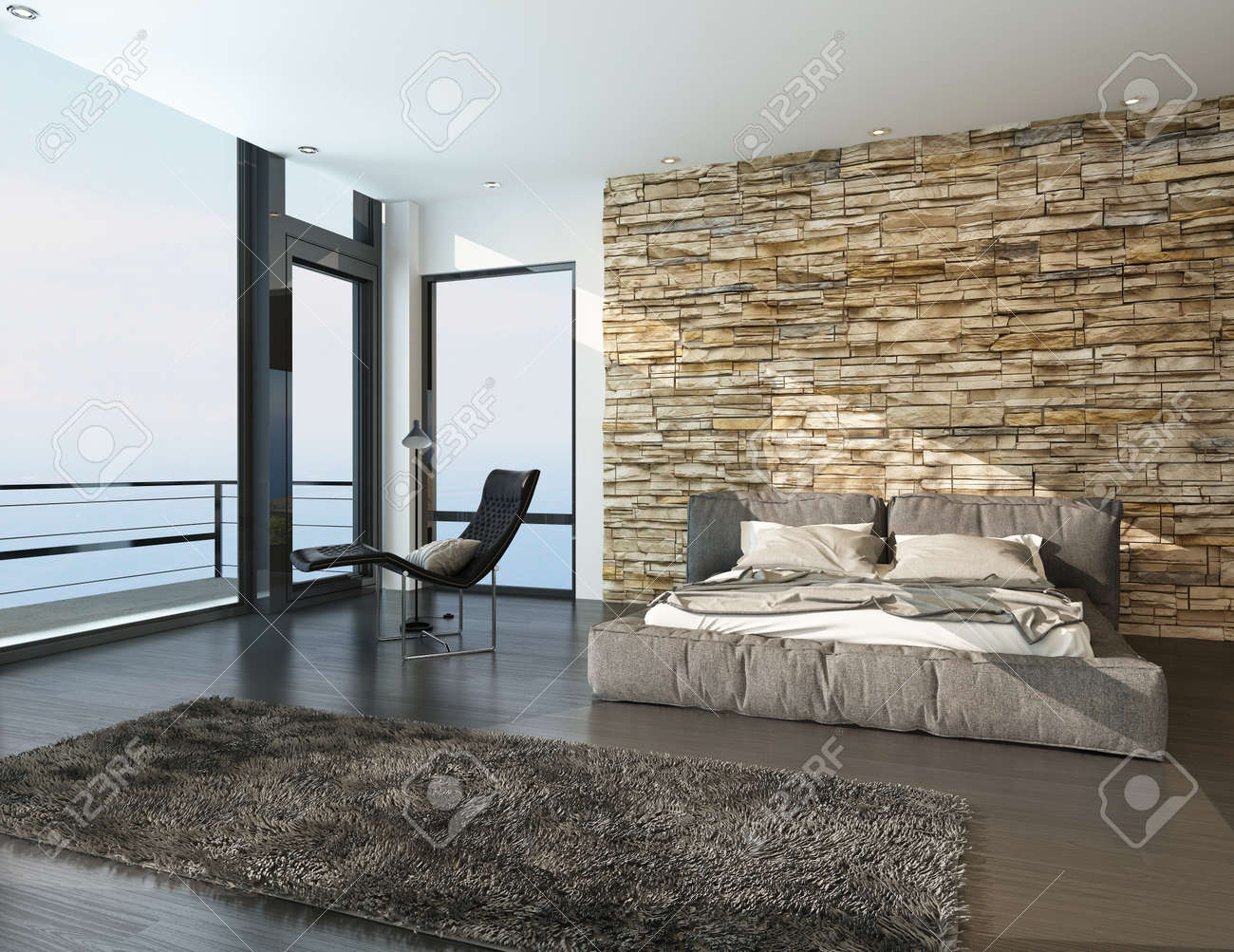 Camera da letto moderna soleggiata con vista sul mare con balcone ...