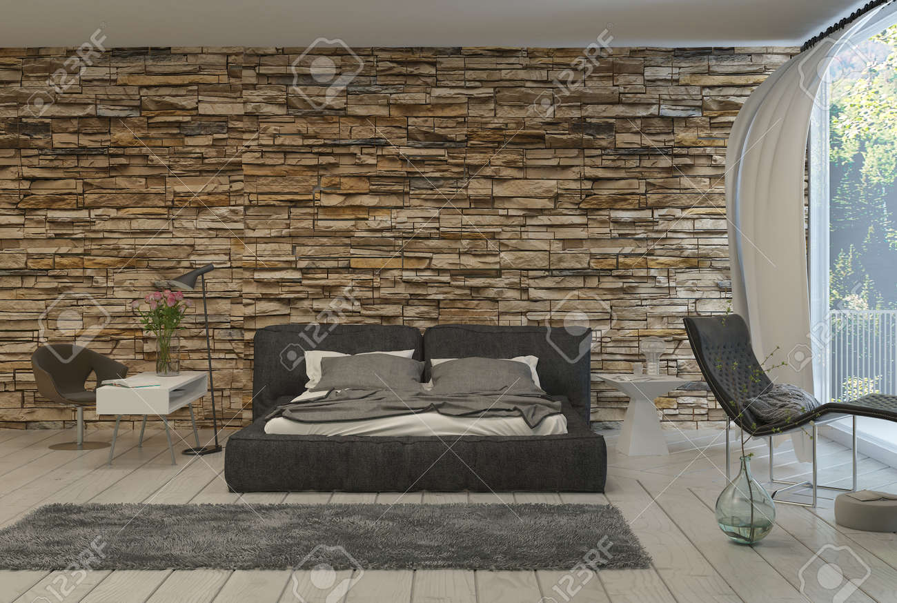 bed in modern bedroom with airy balcony and exposed brick wall bed in modern bedroom with airy balcony and exposed brick wall
