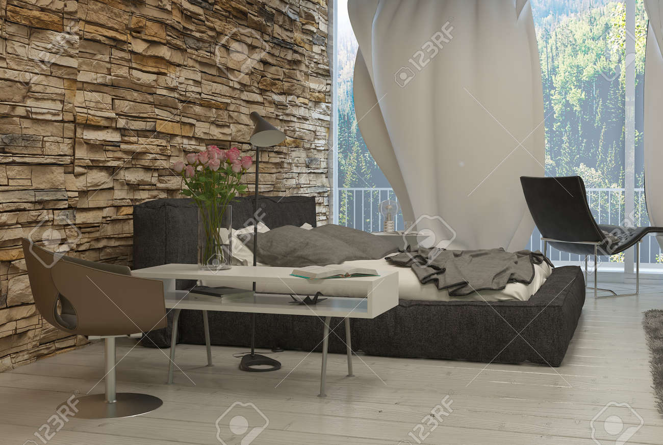 Elegante Mesa Sillas Y Cama Dentro De Un Dormitorio