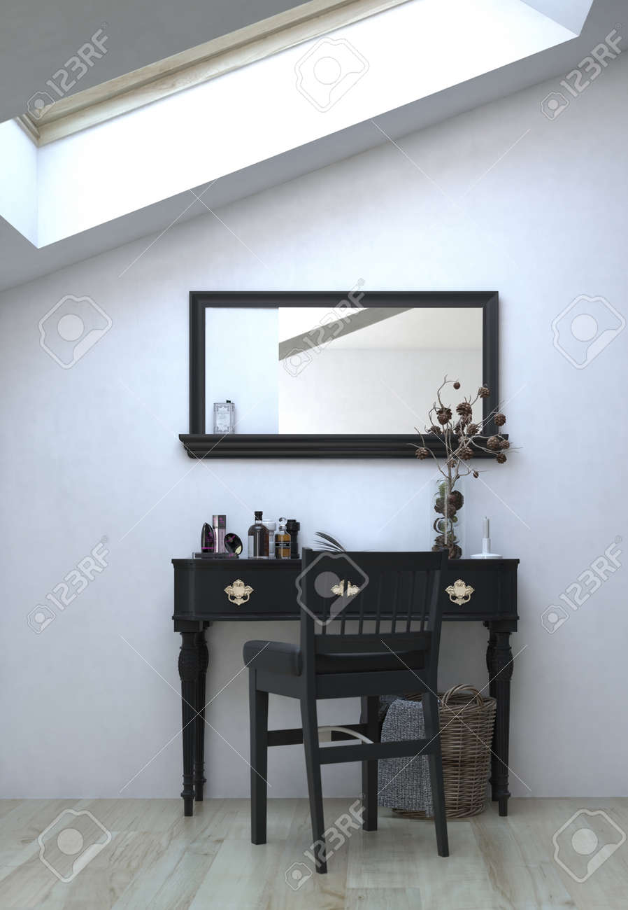 innere hausarchitektur eleganter schwarzer tisch mit stuhl und spiegel auf weiße wand im inneren eines architektur haus schwarzer mit und auf weiße im innere hausarchitektur eleganter schwarzer tisch mit stuhl und spiegel auf weiße wand im inneren eines architektur haus schwarzer mit und auf weiße im