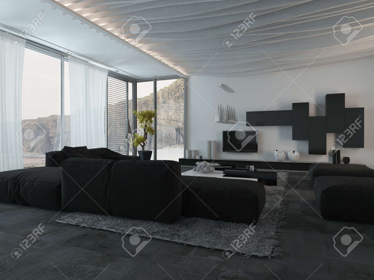 エレガントなブラック家具建築の家リビング ルームを閉じる の写真素材 画像素材 Image
