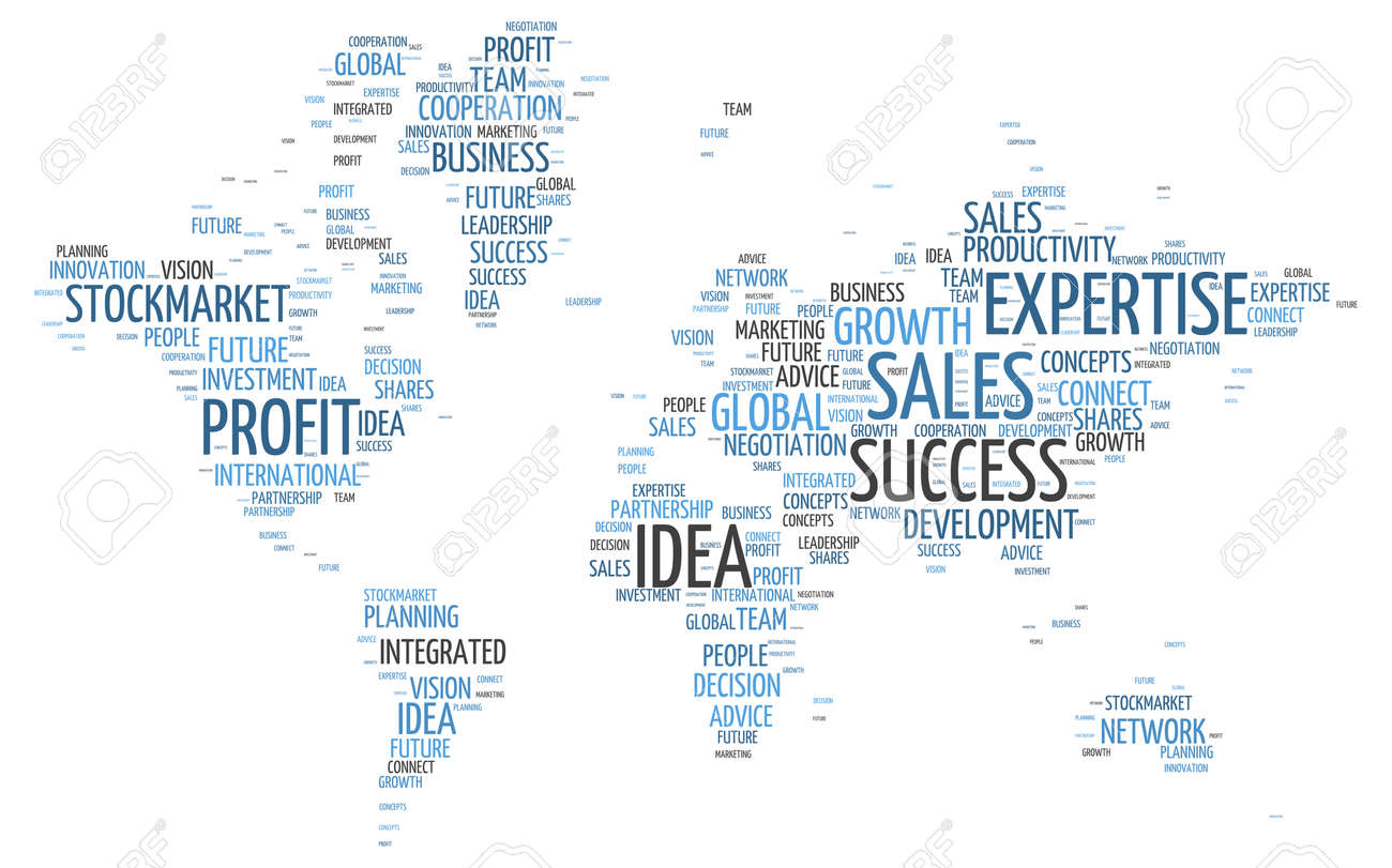 conceptual world map in a simple business word tag cloud design on a white background