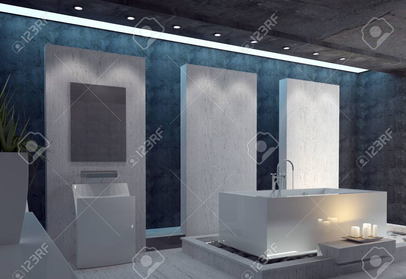 スタイリッシュなバスルームにはモダンな白い長方形のスイート 黒い天井と暗いアクセント壁に照らされて輝くロマンチックなキャンドルのクラスター の写真素材 画像素材 Image