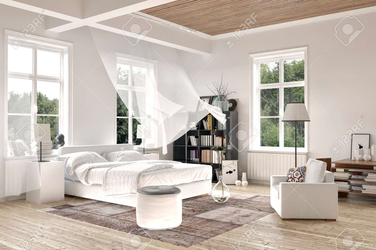 bright white luxury rendered bedroom interior with blowing curtains