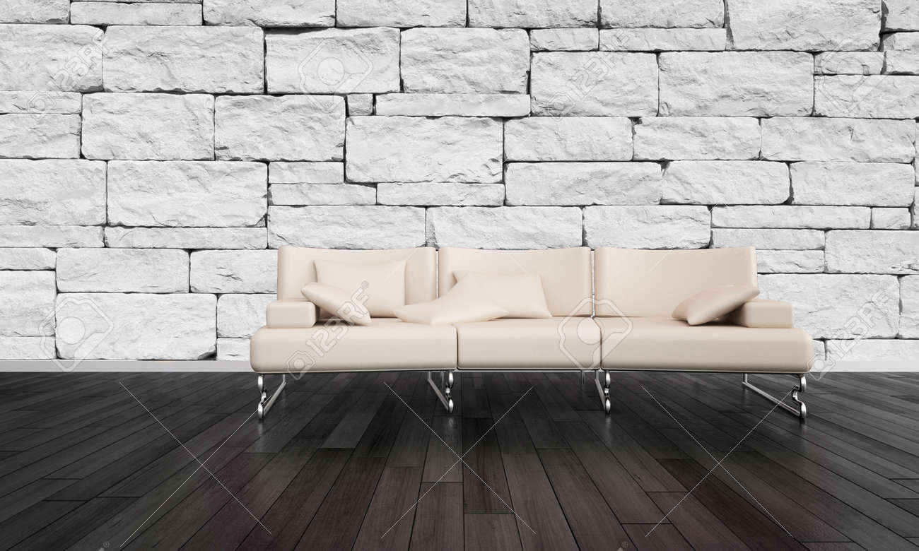石レンガのアクセント壁とダークウッドの床板ミニマリストのリビング ルームのインテリアの素朴な部屋でスタイリッシュな長いす の写真素材 画像素材 Image