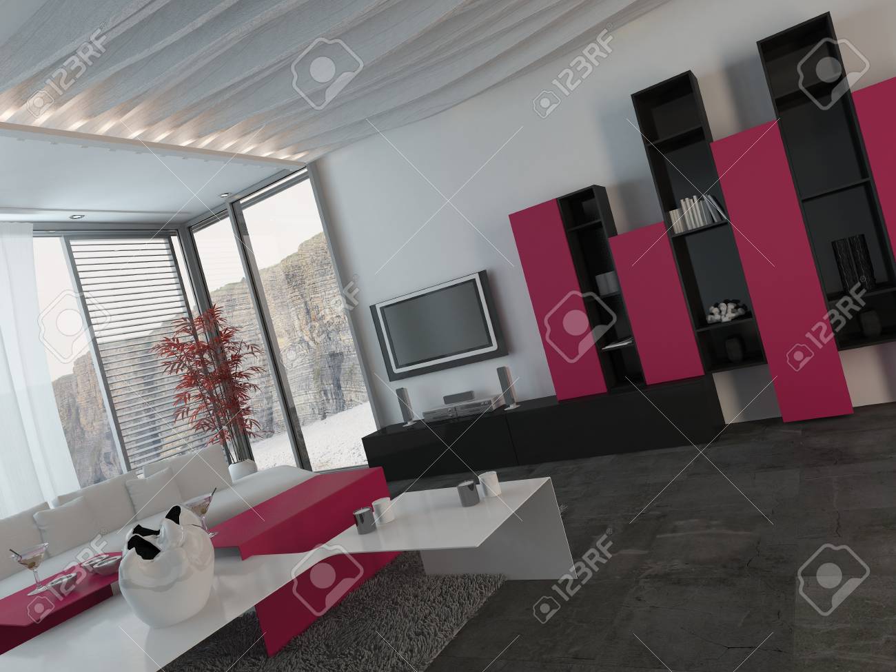 ガラス窓 魅力的な現代建築の生活部屋のデザインは 濃いピンク 白と黒の家具とスタイル の写真素材 画像素材 Image