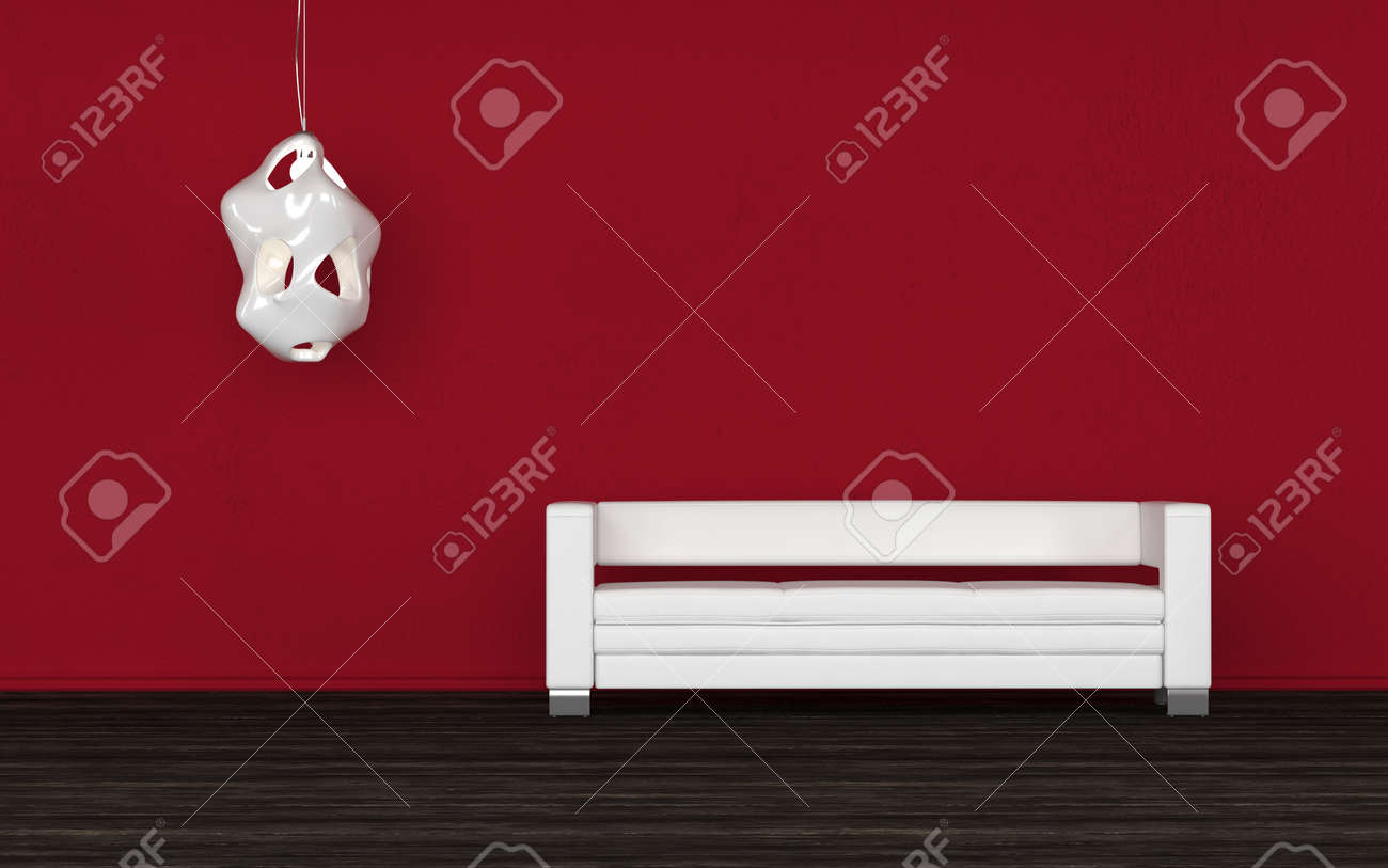 Confortable Canapé Blanc Dans Une Chambre Rouge Debout Contre Le Mur ... Confortable Canapé Blanc Dans Une Chambre Rouge Debout Contre Le Mur ...