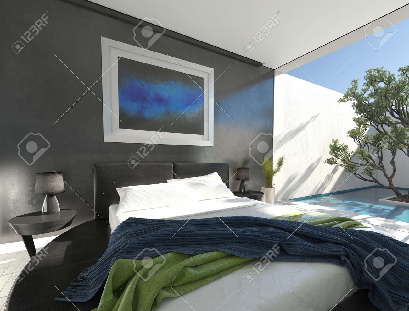 屋外の壁に囲まれたパティオにつながる灰色の内装で ガラスのドアと日当たりの良い広々 としたベッドルームで丸い台座にモダンな黒革ベッド の写真素材 画像素材 Image