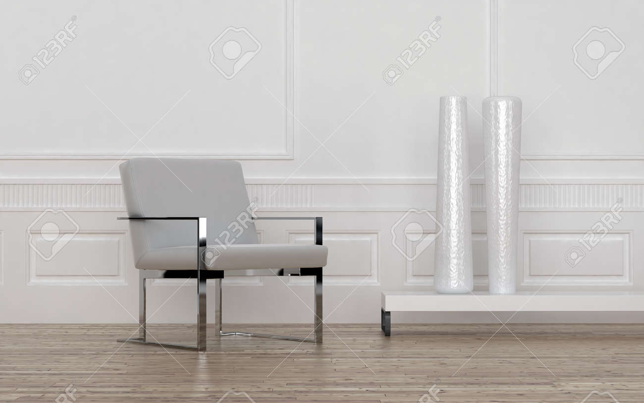 Contemporary Grey And Metal Chair And Tall White Vases On Low