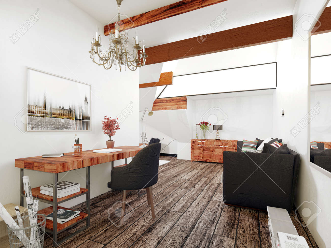 事務所と木のアクセントと現代的な家具のモダンな家のインテリアのリビング ルーム 3 D レンダリング の写真素材 画像素材 Image