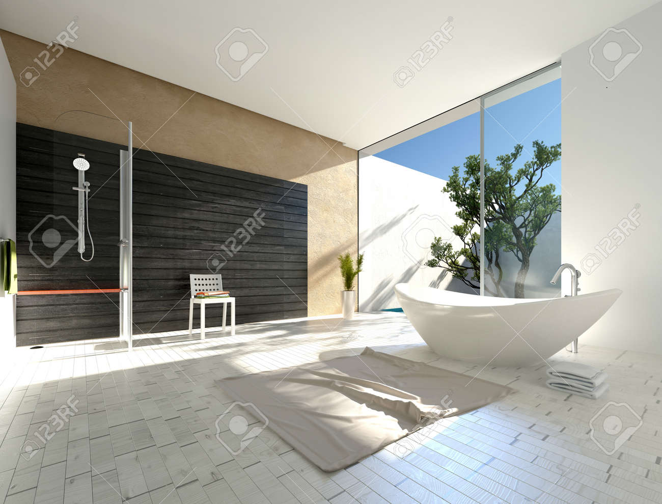 Bateau En Forme De Baignoire Autoportante Dans Une Salle De Bains Moderne Spacieux Et Ensoleillé Avec Parquet Mur Daccent Gris Et Douche Et Une