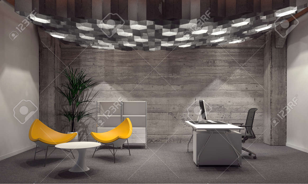 corporate office interior. modern corporate office interior for a ceo with grey brick walls, contemporary yellow triangular seating