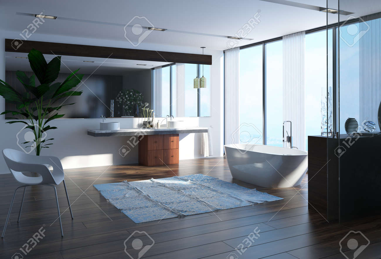 Modernes Badezimmer Mit Einem Modernen Boot Formigen Wanne Vor Einem Grossen Sichtfenster Panorama Vom Boden Bis Zur Decke Mit Einem Doppel Waschtisch Und Spiegel Auf Einem Hartholz Fussboden 3d Rendering Lizenzfreie Fotos Bilder Und Stock Fotografie