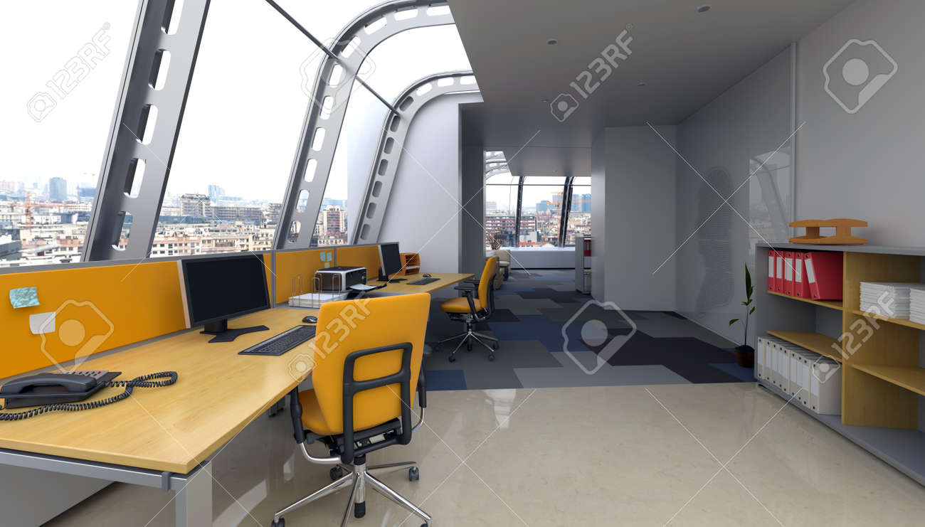 Modern Office Interior With Curved Glass Windows In A Contemporary ... Modern Office Interior With Curved Glass Windows In A Contemporary ...