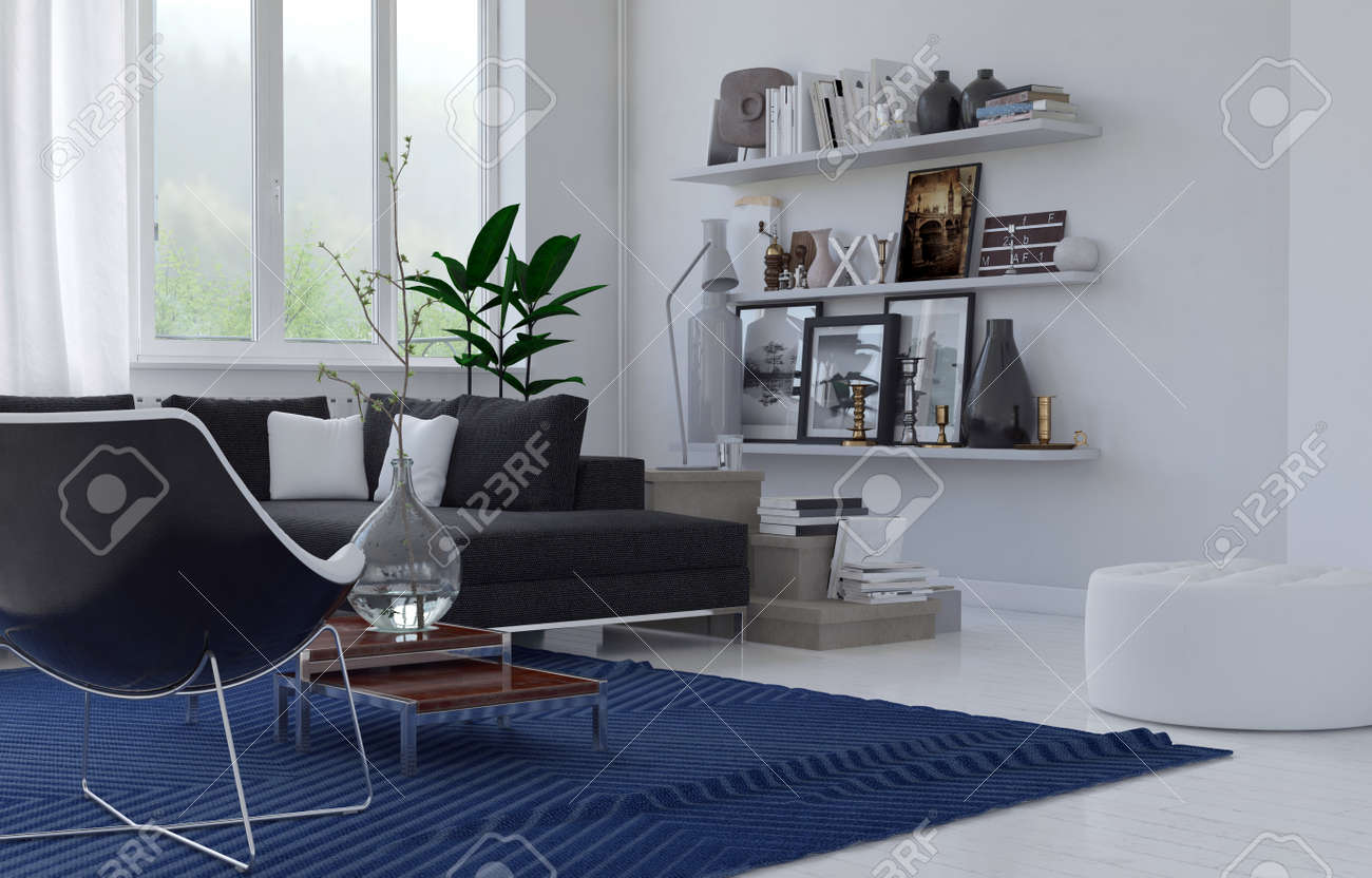 居心地の良いラウンジ コーナー装飾されたスイート 青敷物や大きな窓 白い床と壁が風通しのよい部屋で記念品の棚とモダンな家のインテリア 3 D レンダリング の写真素材 画像素材 Image