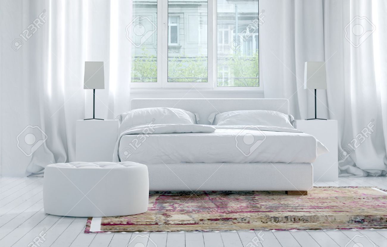 Luxury Monochromatic White Bedroom Interior With Elegant Long Luxury Monochromatic White Bedroom Interior With Elegant Long