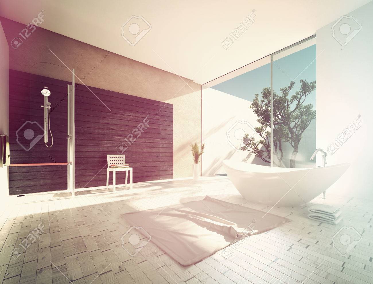 Boat Shaped Freestanding Tub In A Spacious Sunny Modern Bathroom