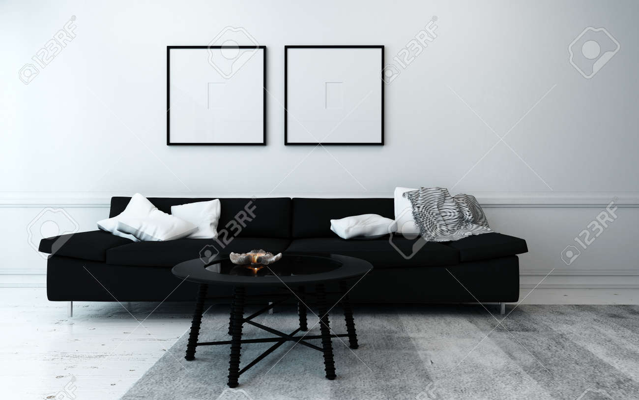 Sparsely Decorated Modern Living Room With Black Sofa, Coffee Sparsely Decorated Modern Living Room With Black Sofa, Coffee
